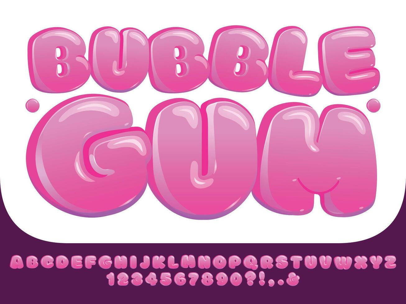 Bubble gum font. Sweet pink chubby letters, glossy lollipop candy numbers and funny alphabet bubbles display typeface set vector
