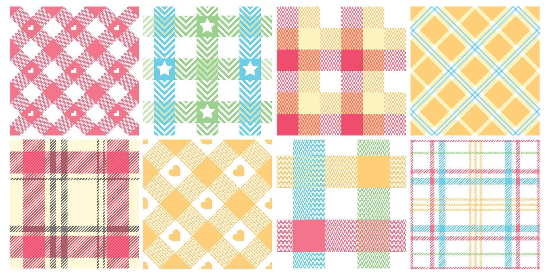 Seamless picnic check pattern. Pastel blanket, comfy plaid for easter spring weekends and geometric intertwined grid background set vector