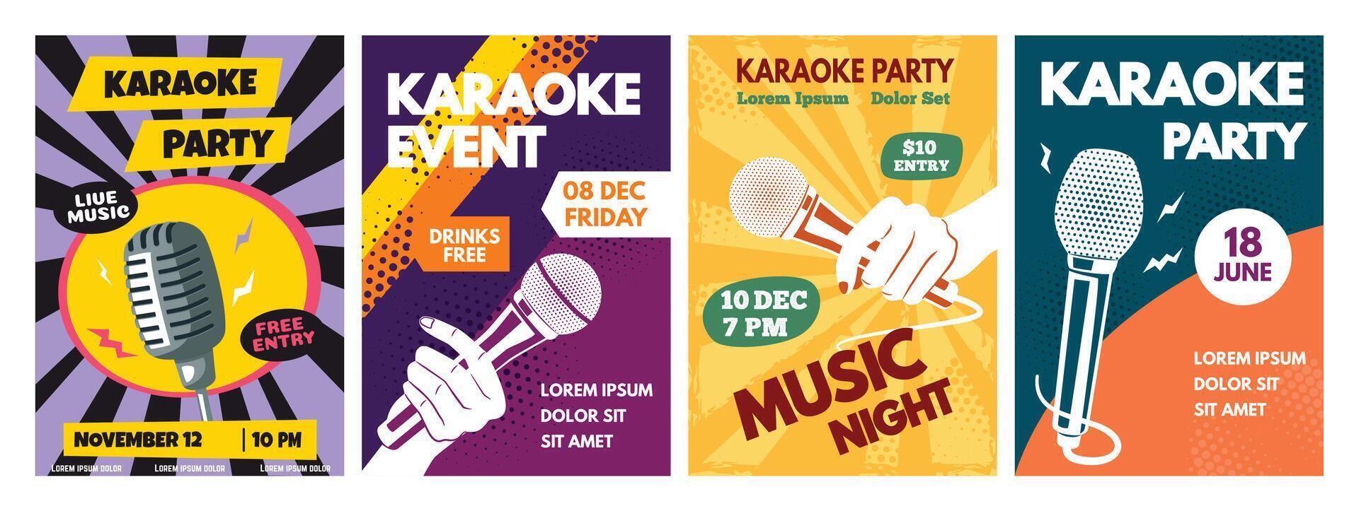 Karaoke party flyer. Singing night banner with hand holding microphone, musical event and vocal club invitation template layout set vector