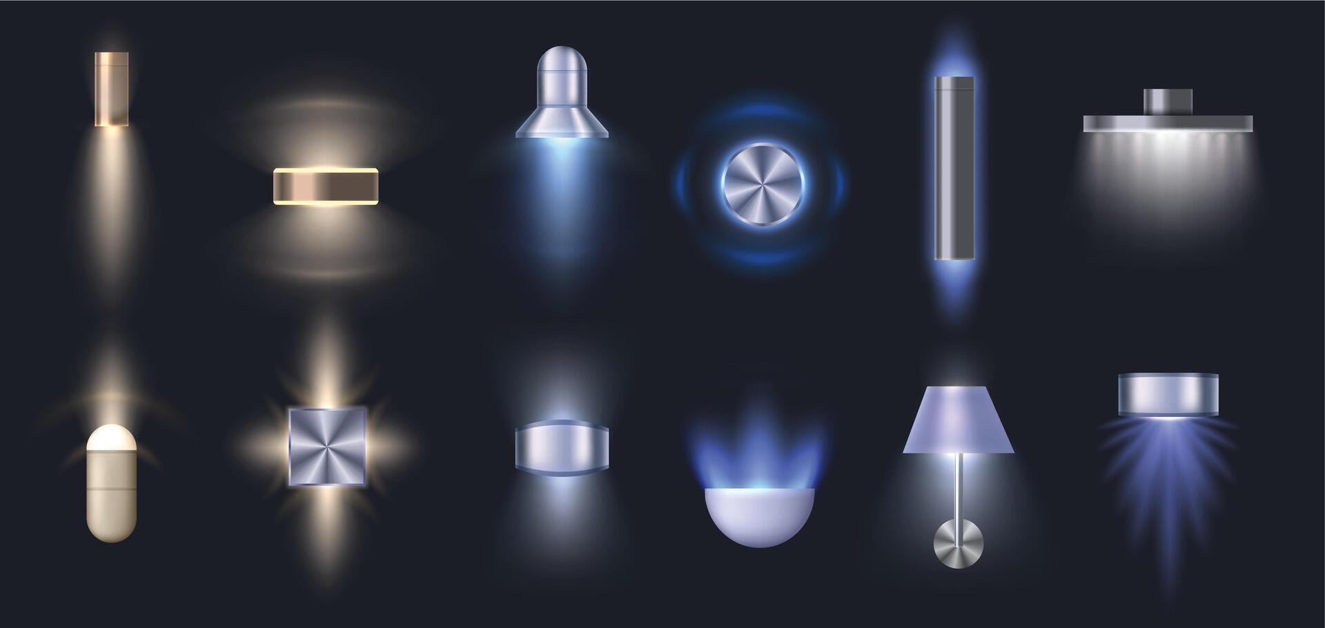 Decorative wall lamps. Light point, compact LED spotlight and mini box wall mounted lamp with glow effect realistic illustration set vector