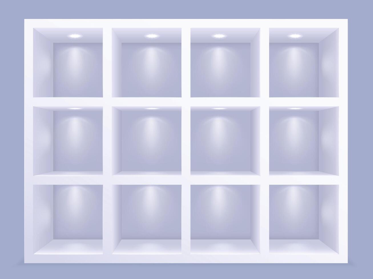 Square wall shelves with lighting. Grid cell showcase shelving with decorative lamps, empty library shelf or furniture background vector