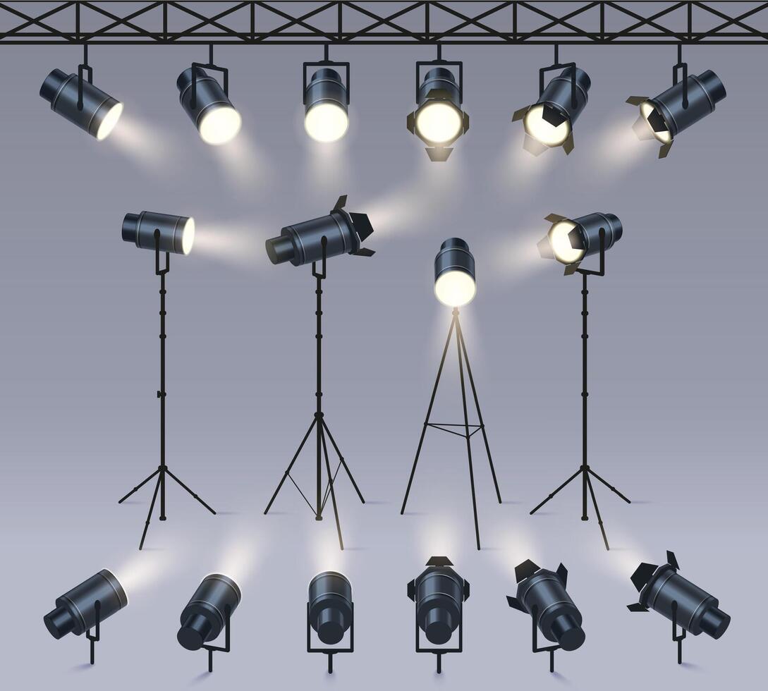 Realistic spotlights. Lamp on tripod stand, photo studio or stage light equipment. Spotlight with light beam glow effect set vector