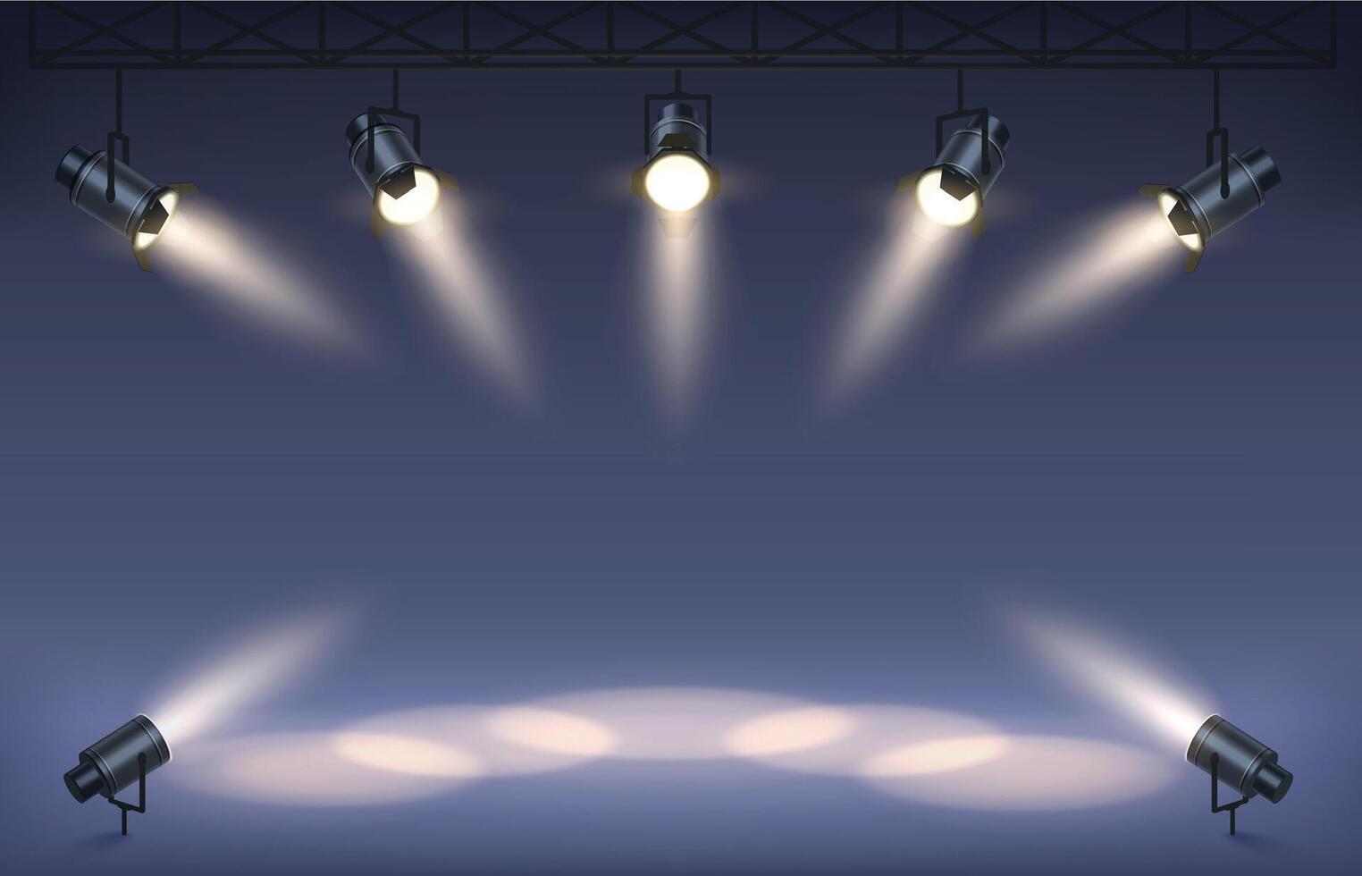 Scene with stage projectors. Studio podium with spotlights, shining scene illumination and light beam background vector