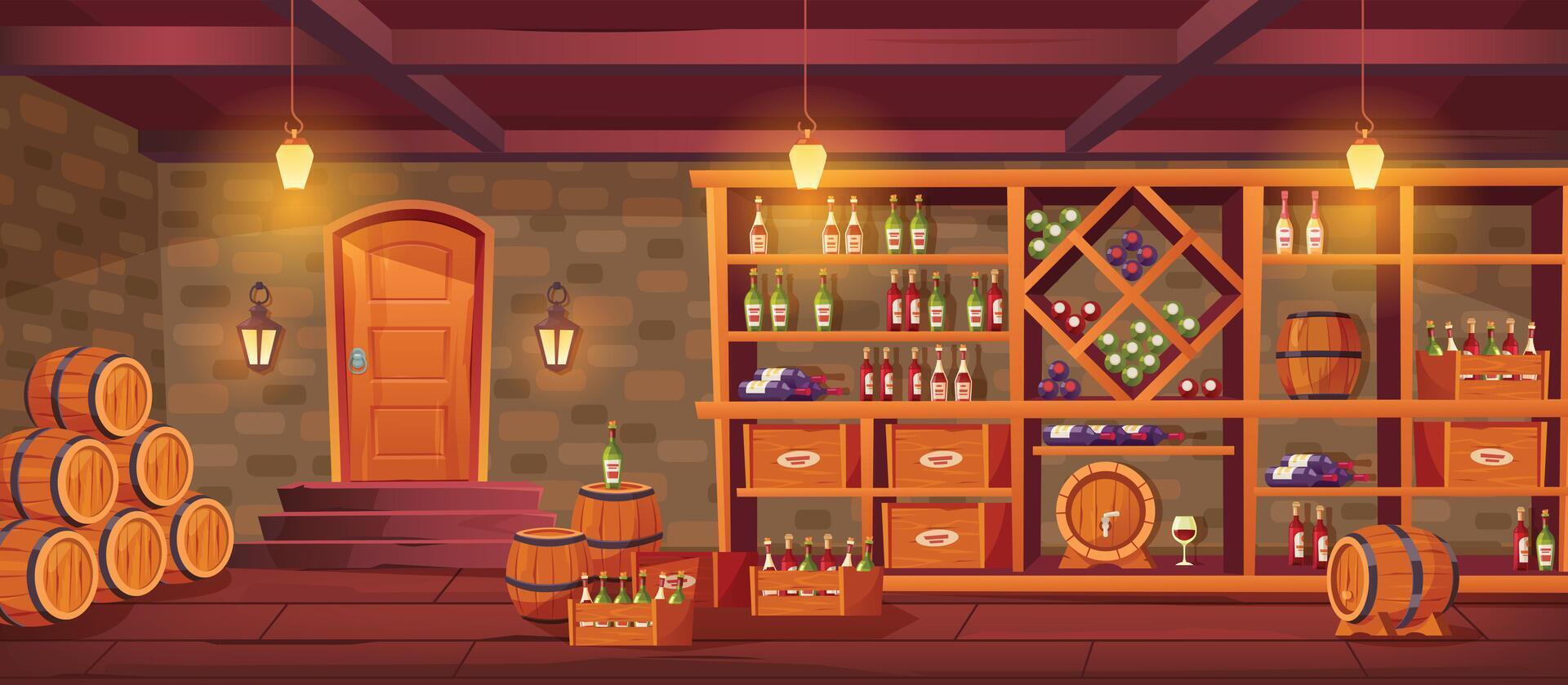 Wine cellar. Cozy vintage interior interior with wine bottles and wooden barrels of shelves. Winemaking cartoon background vector