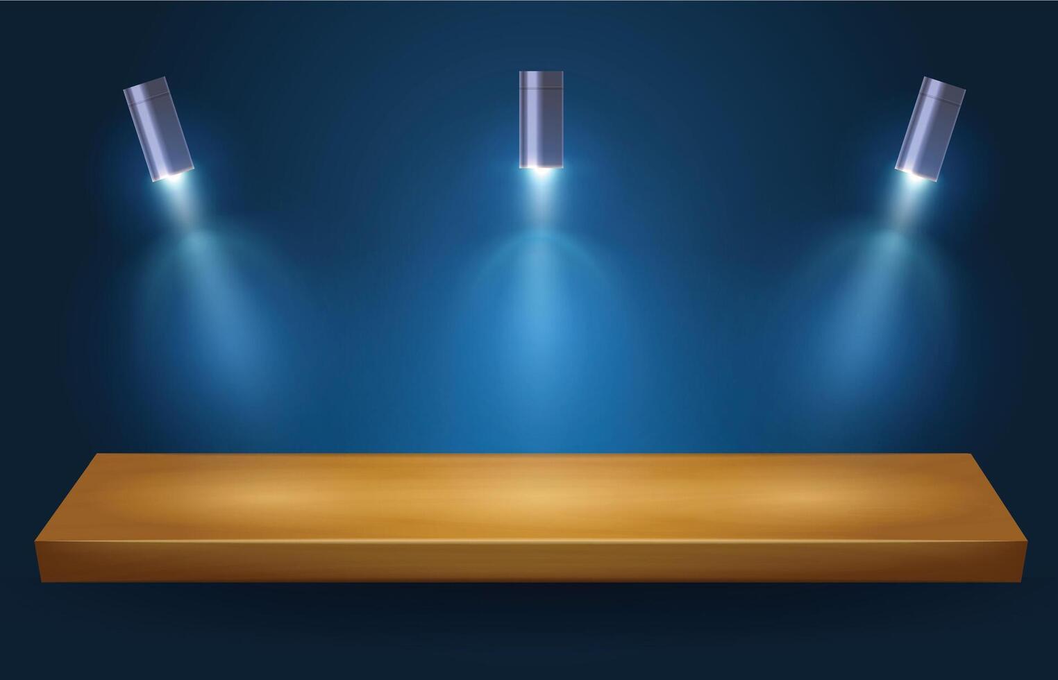 Wall shelf with spotlight light. Empty wooden rack, display product background with decorative lighting lamps Illustration vector