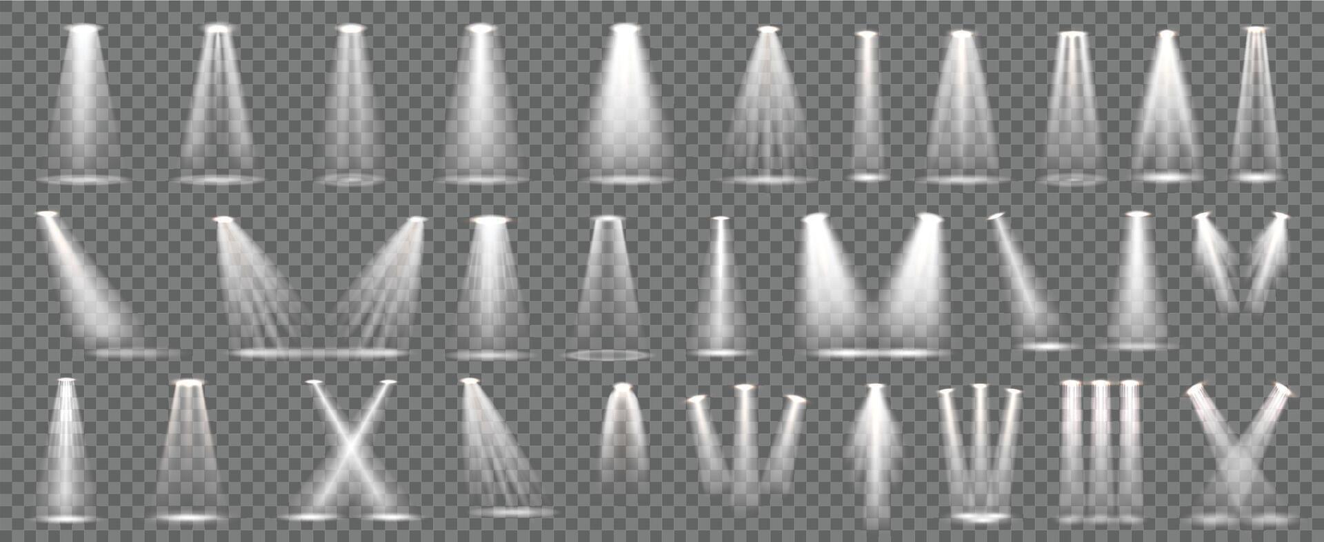 Scene light beam. Stage spotlight overlay effects, spot lamp projection and show illumination set vector