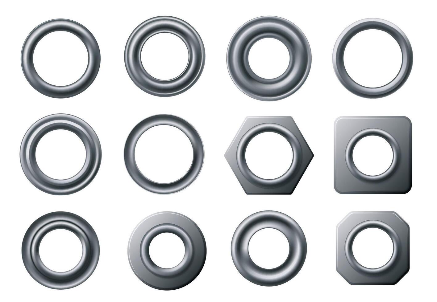 Metal eyelets. Curtain eyelet ring, round grommet and circular fastener with hole isolated set vector