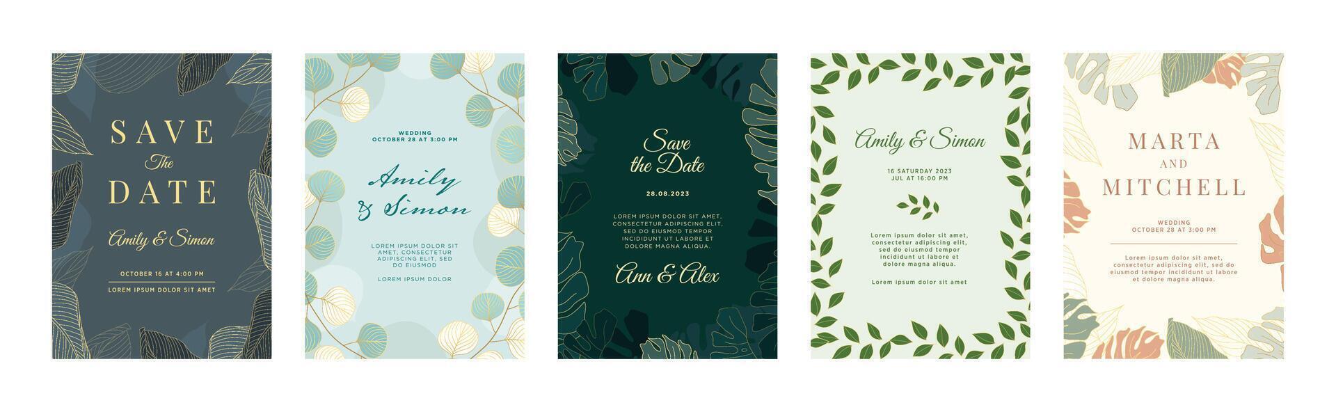 Golden floral wedding invitation. Elegant frame with luxury botanical leafs ornament and greenery foliage event invite template set vector