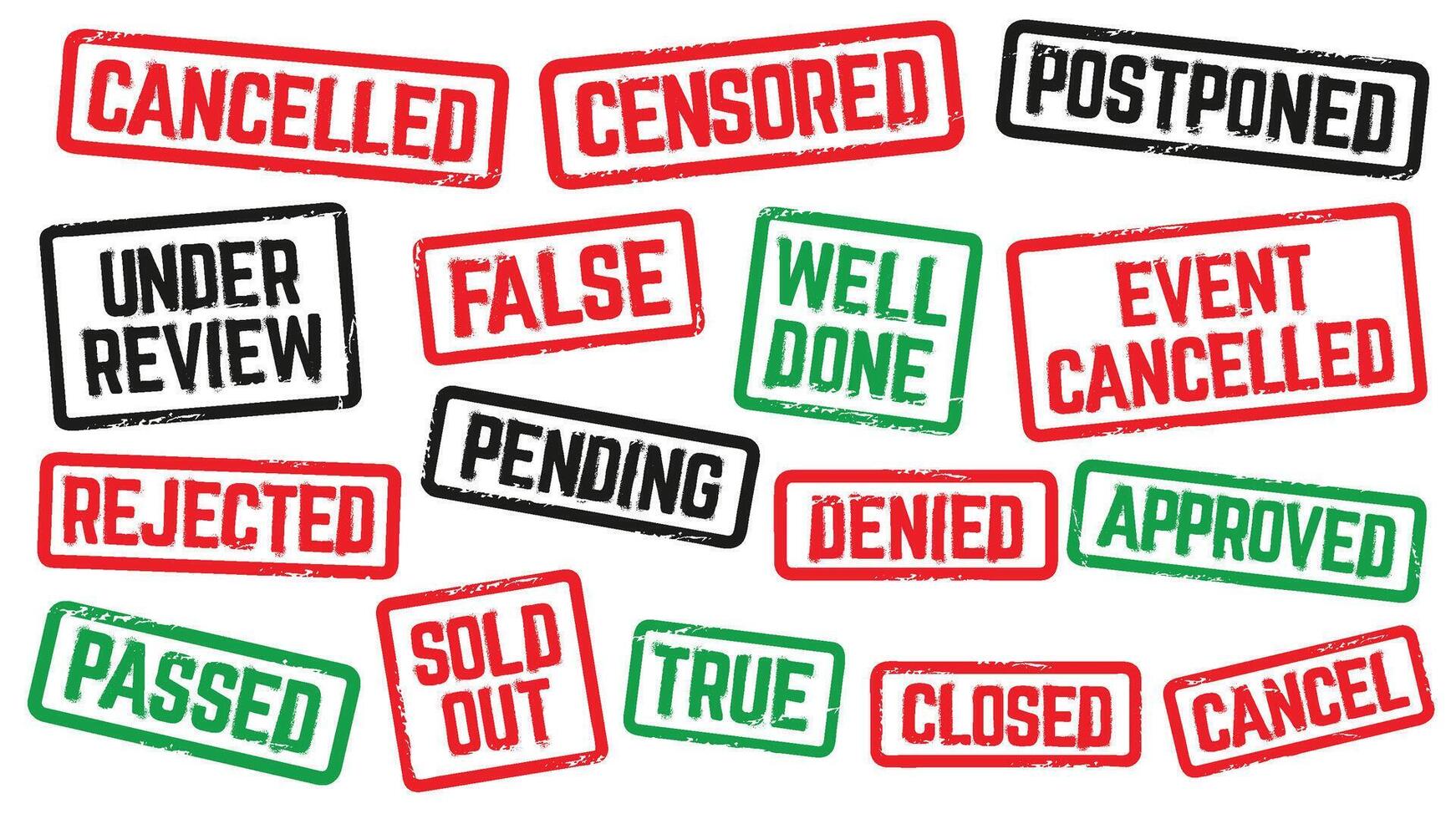 Rubber stamp sign. Event cancelled, sold out and closed stencil inscription with grunge texture. Postponed, approved and denied set vector