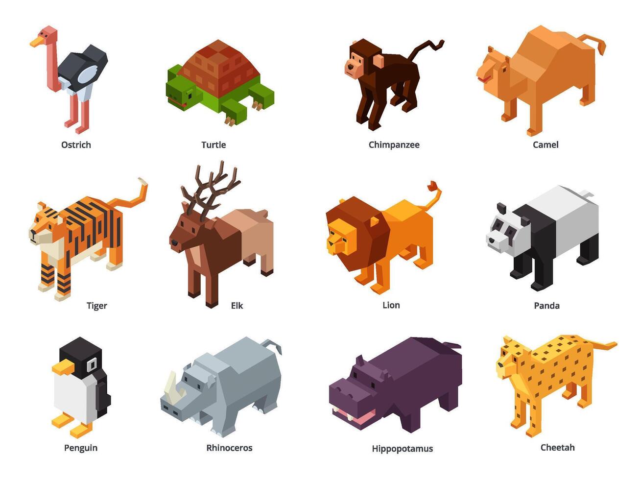 Isometric zoo animals. Low poly panda, penguin toy and tiger. Herbivores and predatory wild animal 3D cartoon set vector