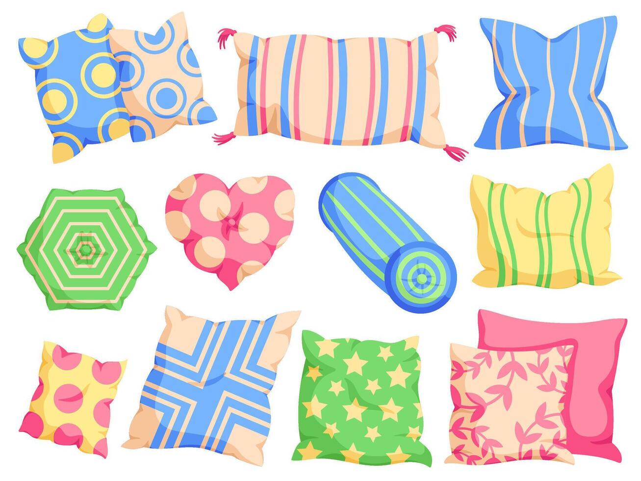 Cartoon cushion. Comfy pillow for bed and couch, bedroom textile and different shape pillows set vector