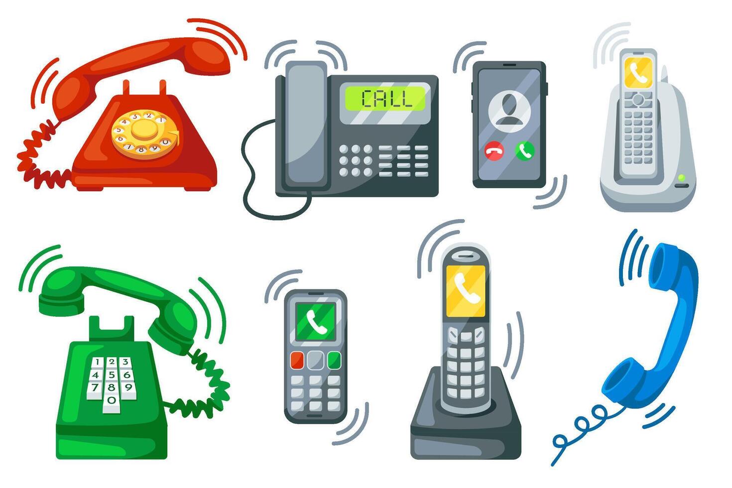 Ringing telephone. Old telephone ring with handset, incoming call on smartphone and office phone cartoon set vector
