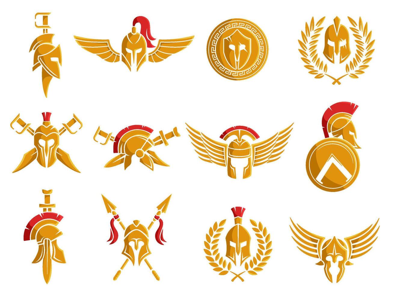 Spartan helmet emblem. Warrior armor with wings and weapon, gladiator tattoo and round shield Illustration set vector