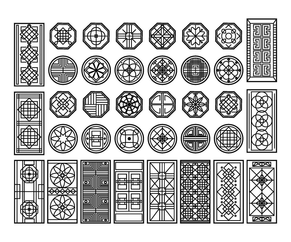 Traditional korean window pattern. Circle ornament, rectangular geometric cutter decor and asian graphic design element set vector