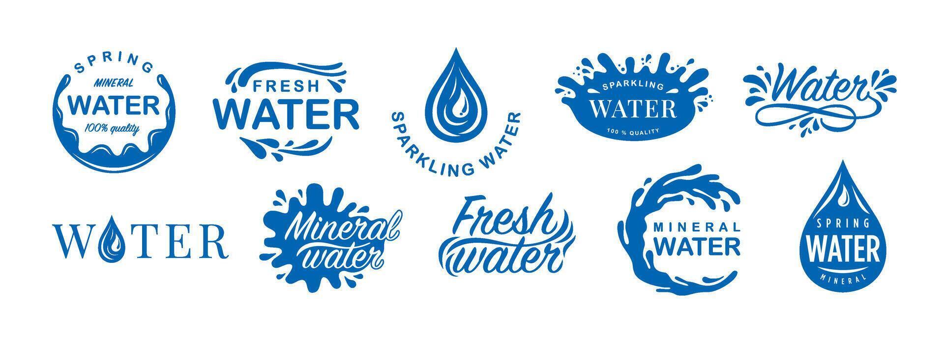 Water label. Sparkling mineral drink, fresh water emblem with splash drops and spring sticker set vector
