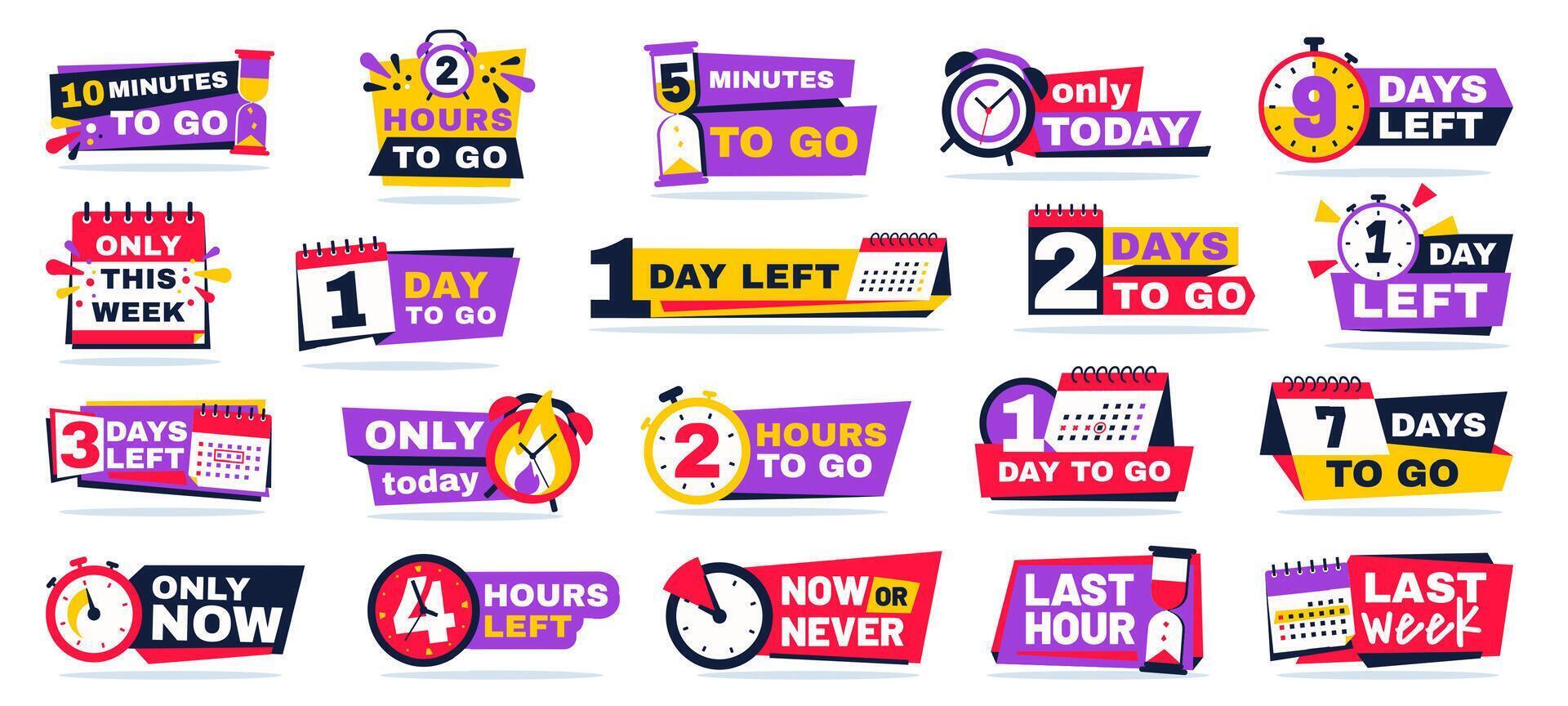 Countdown timer badges. Minutes clock, hours tag and days to go, time left and only this week banners with calendar icon set vector