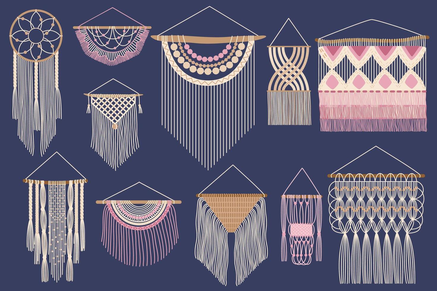 Hand drawn macrame. Nordic woven wall decor, cotton braid hanging and handcraft boho ornament of knitted tapestry yarn cord set vector