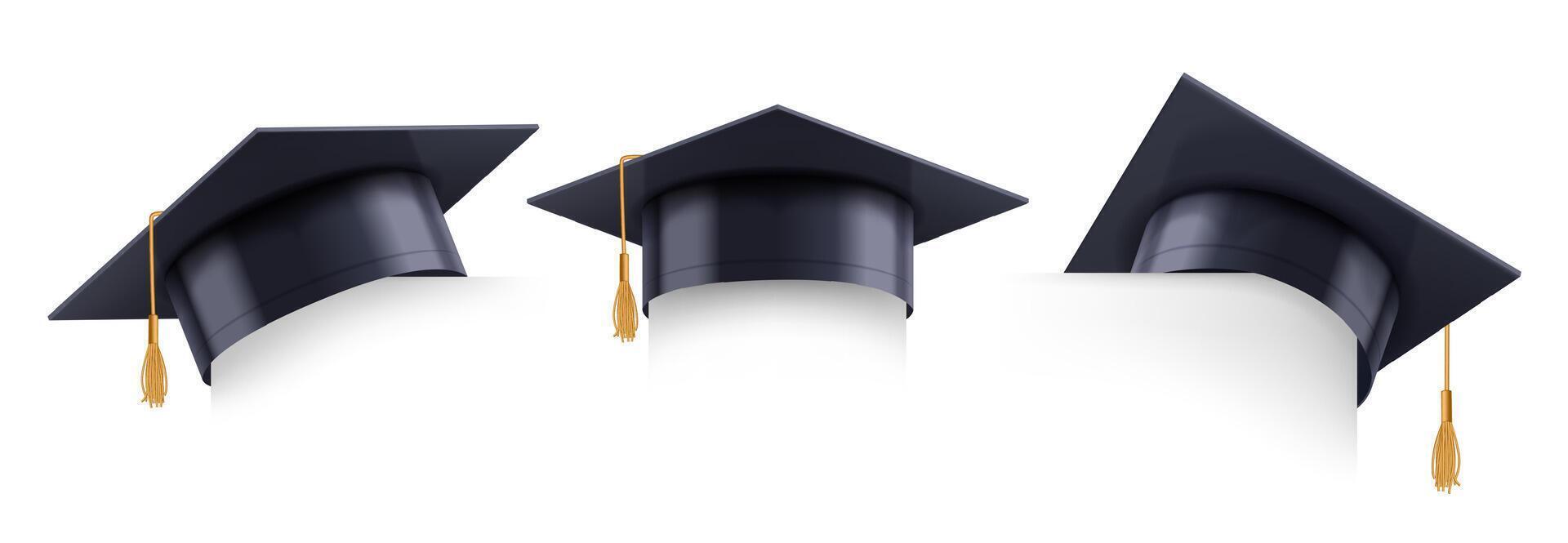Graduation cap corner. Graduate student hat border template for education banner design realistic 3D illustration set vector