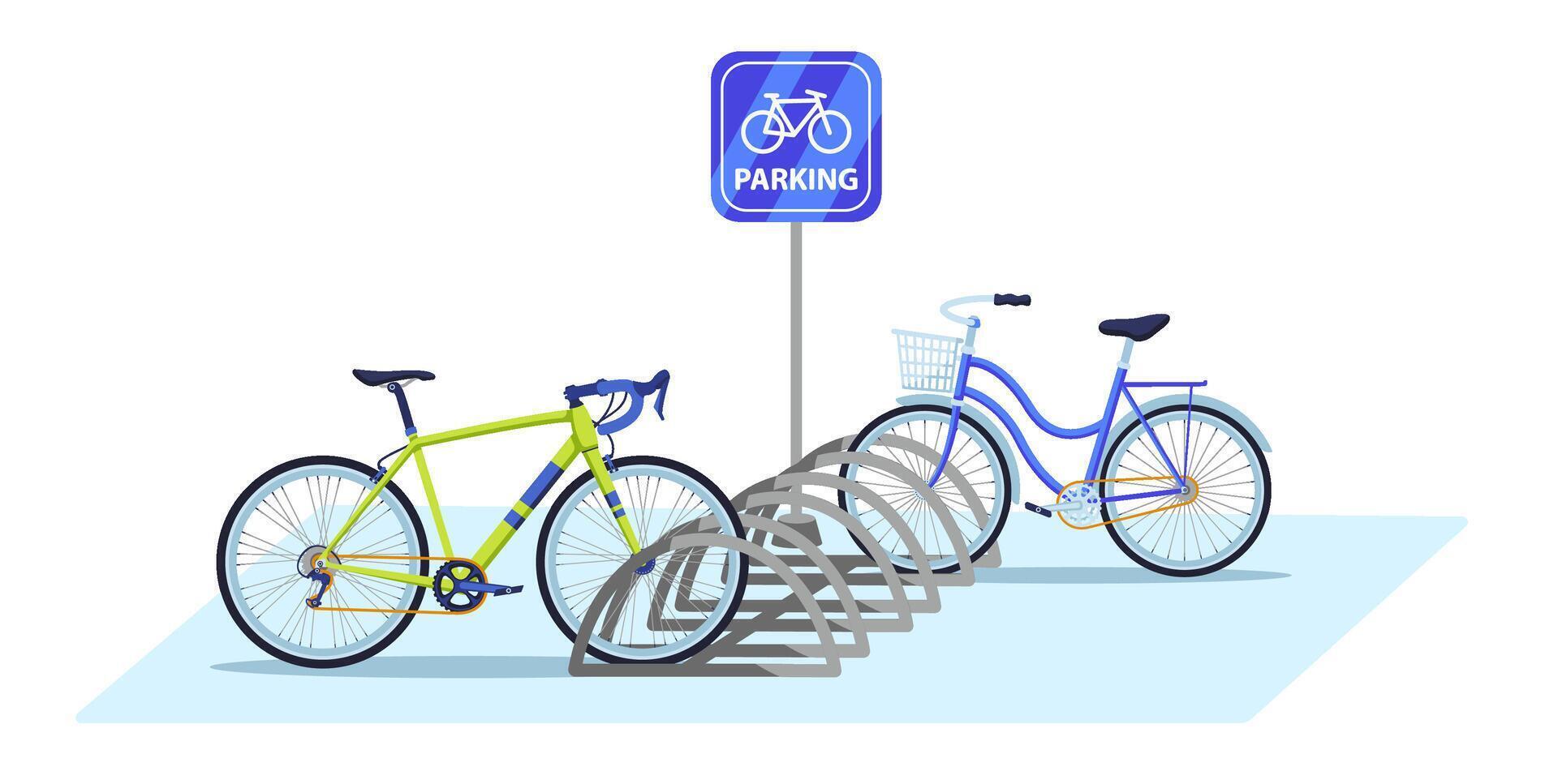 Bicycle parking area. Public bike rack with parking sign and parked bicycles. Ecologic city transport illustration vector