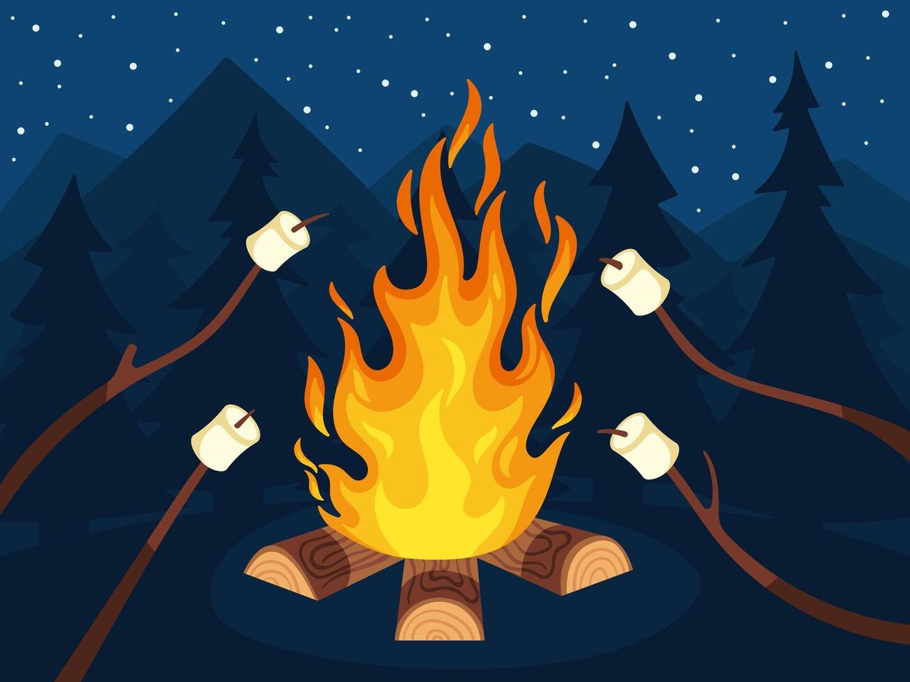Bonfire with marshmallow. Scout camping food, marshmallows on stick on fire and friends travel campfire night cartoon illustration vector
