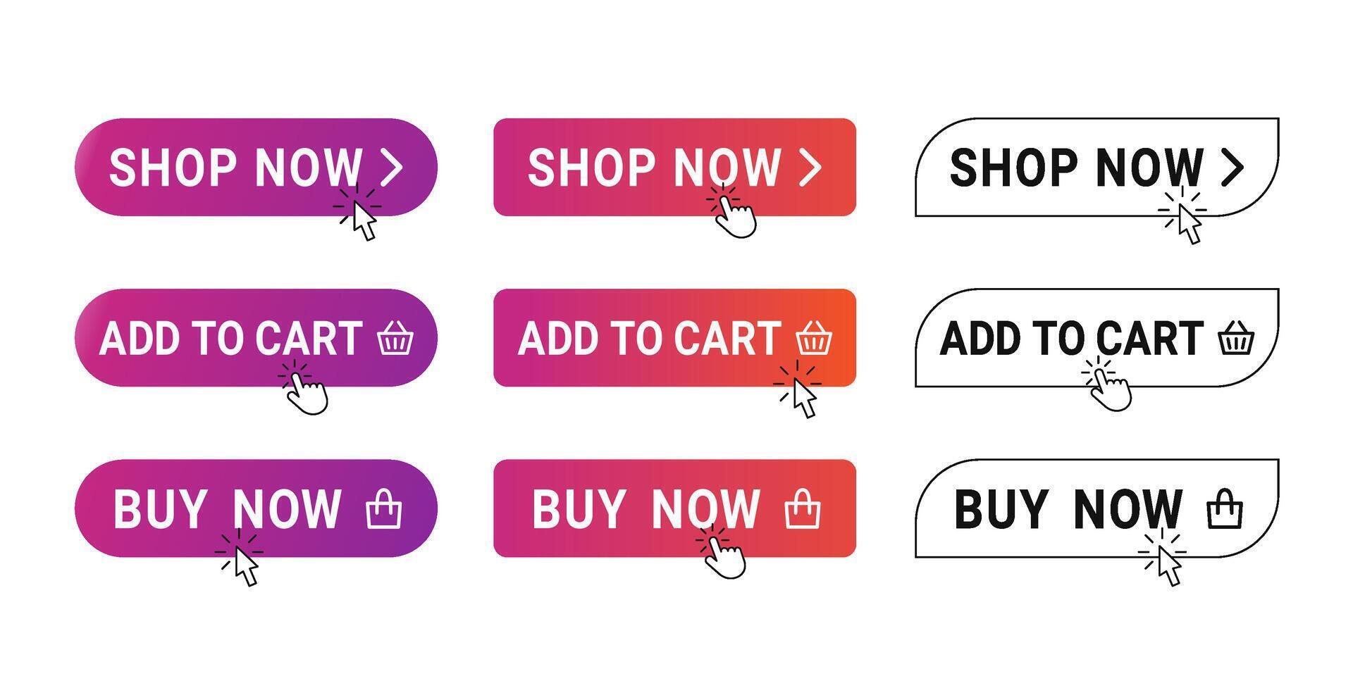 Buy buttons. Shop now banner with mouse click, shopping cart icon and buying with hand pointer cursor set vector