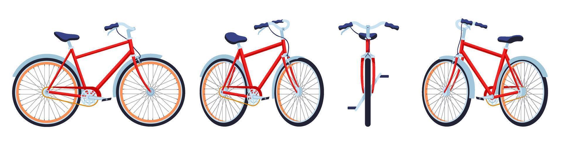 Cartoon bicycle. City bike front, side and back views. Healthy lifestyle transport illustration set vector