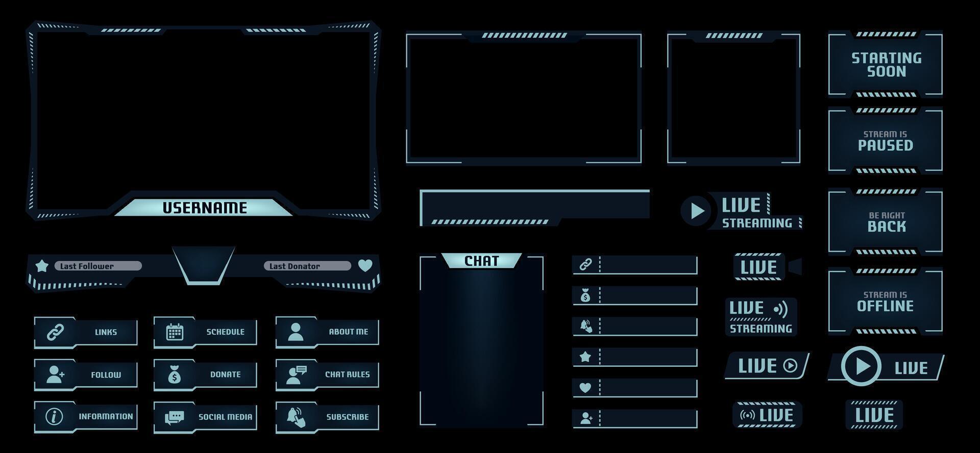Night mode stream overlay. Dark theme gaming template with game screen, live chat and webcam frames. Panels buttons and donation bar set vector