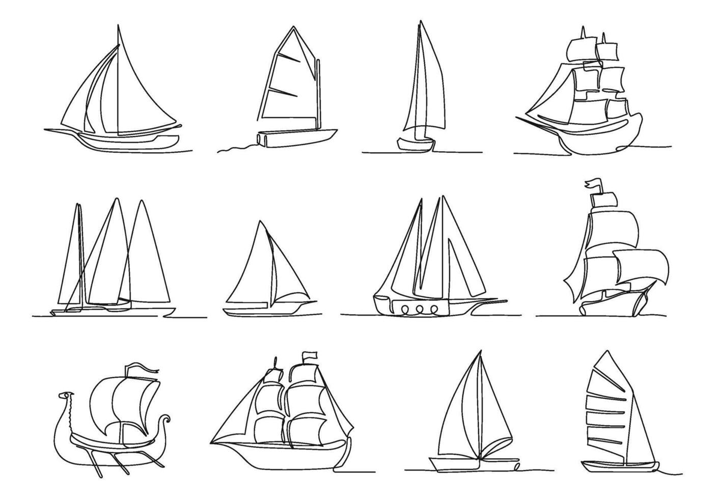 One continuous line sailing ship. Hand drawn different types of sailboat, ships and sailing yacht isolated illustration set vector