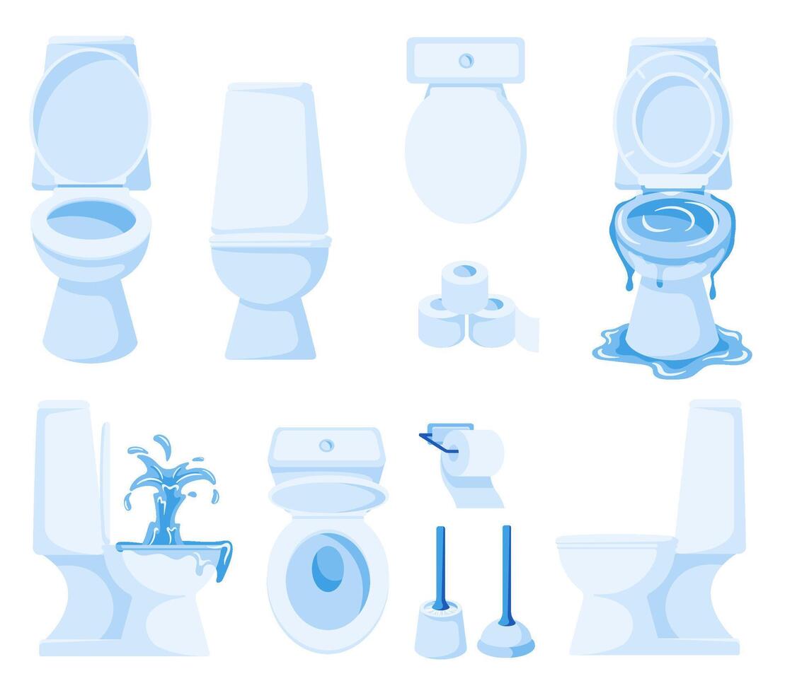 Cartoon white toilet. Ceramic lavatory pan in different angles, toilet paper and brush. WC illustration set vector