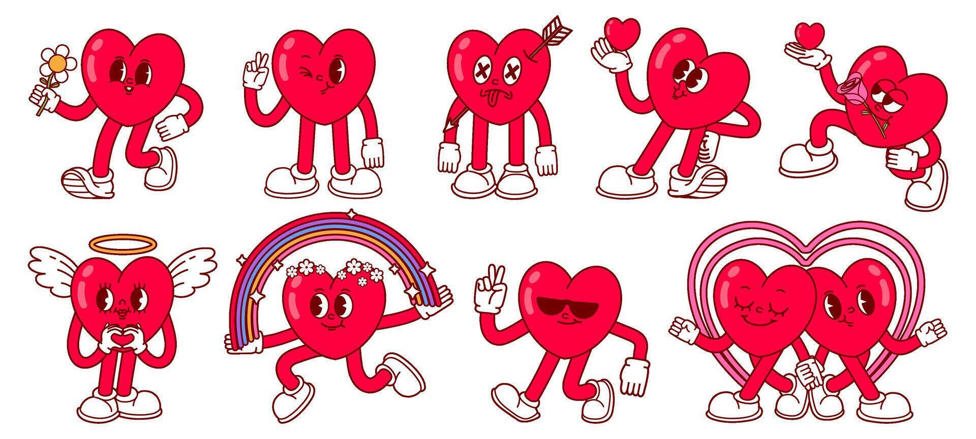 Heart character. Love mascot hearts with cute faces, cartoon feets and hand gestures. Romantic feelings illustration set vector
