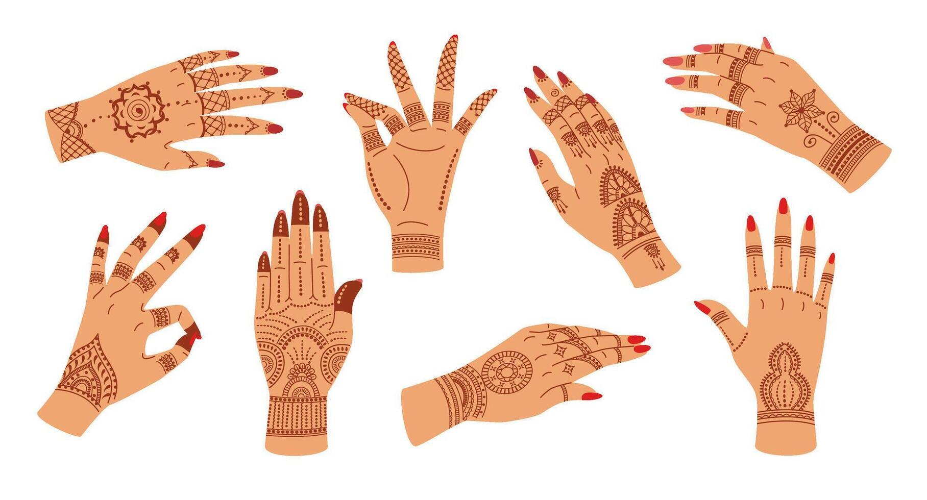 Mehndi ceremony hands. Elegant woman hand with Indian patterns henna tattoo. Hand gestures with floral ornaments illustration set vector