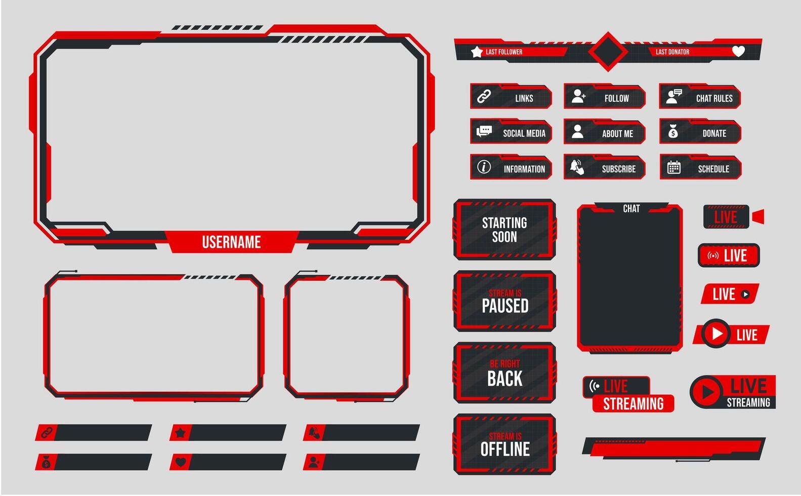 Red stream overlay theme. Webcam border, game screen template and donation panel. Stream is offline, paused and starting soon set vector