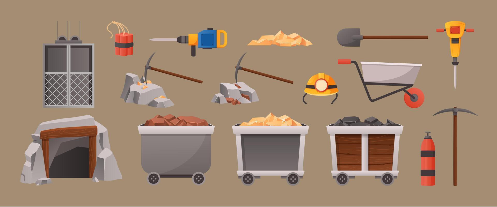 Cartoon mining elements. Mine cave entrance, mining elevator and tools. Wagons with gold and coal illustration set vector
