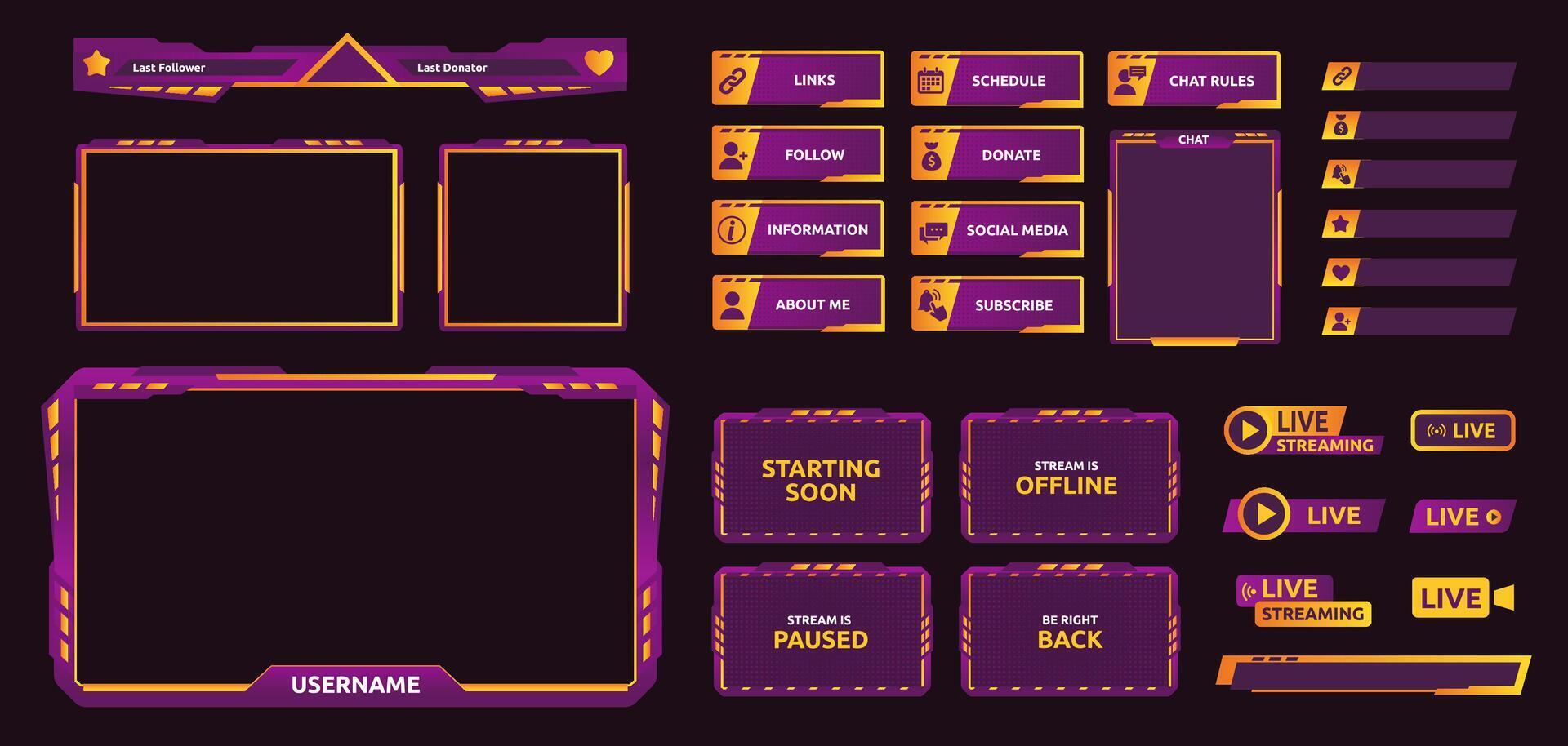 Gaming stream overlay. Futuristic UI graphic frames for game screen, neon color camera border and live chat template. Follow and donate buttons set vector