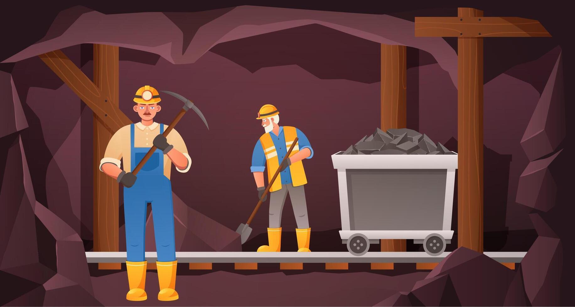 Miners in coal cave. Mine worker digging tunnel, rail trolley with ore and miner with pickaxe Illustration vector