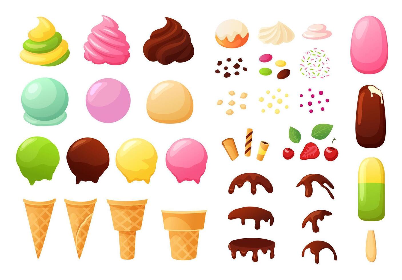 Create your own ice cream. Sundae constructor with different flavours, waffle cone, chocolate topping, sprinkles and berries set vector
