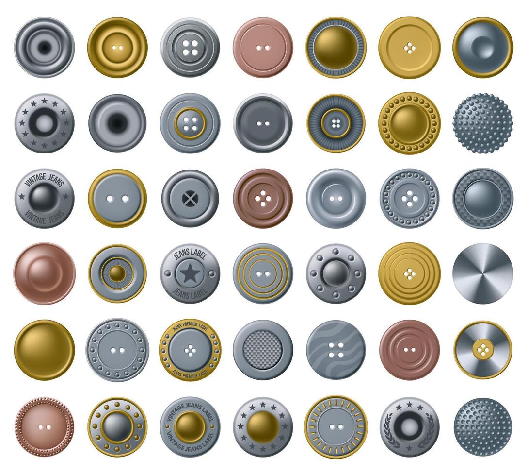 Realistic buttons for clothes. Vintage metal fastener, denim accessory button and top view antique bronze garment fasteners set vector