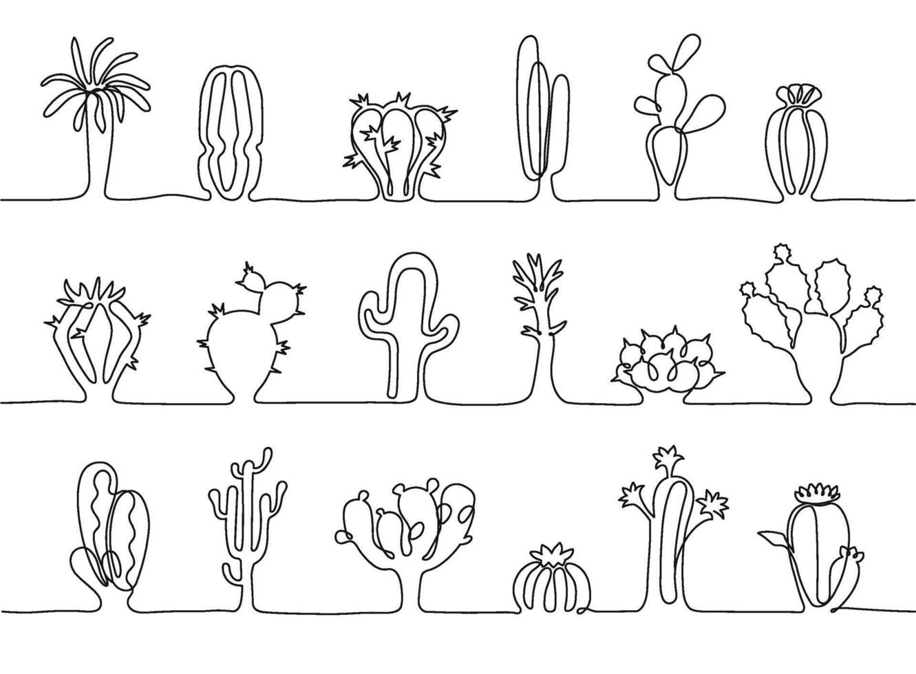 One continuous line cactus stripes. Hand drawn botanical plants, different types of mexican desert cactus illustration set vector