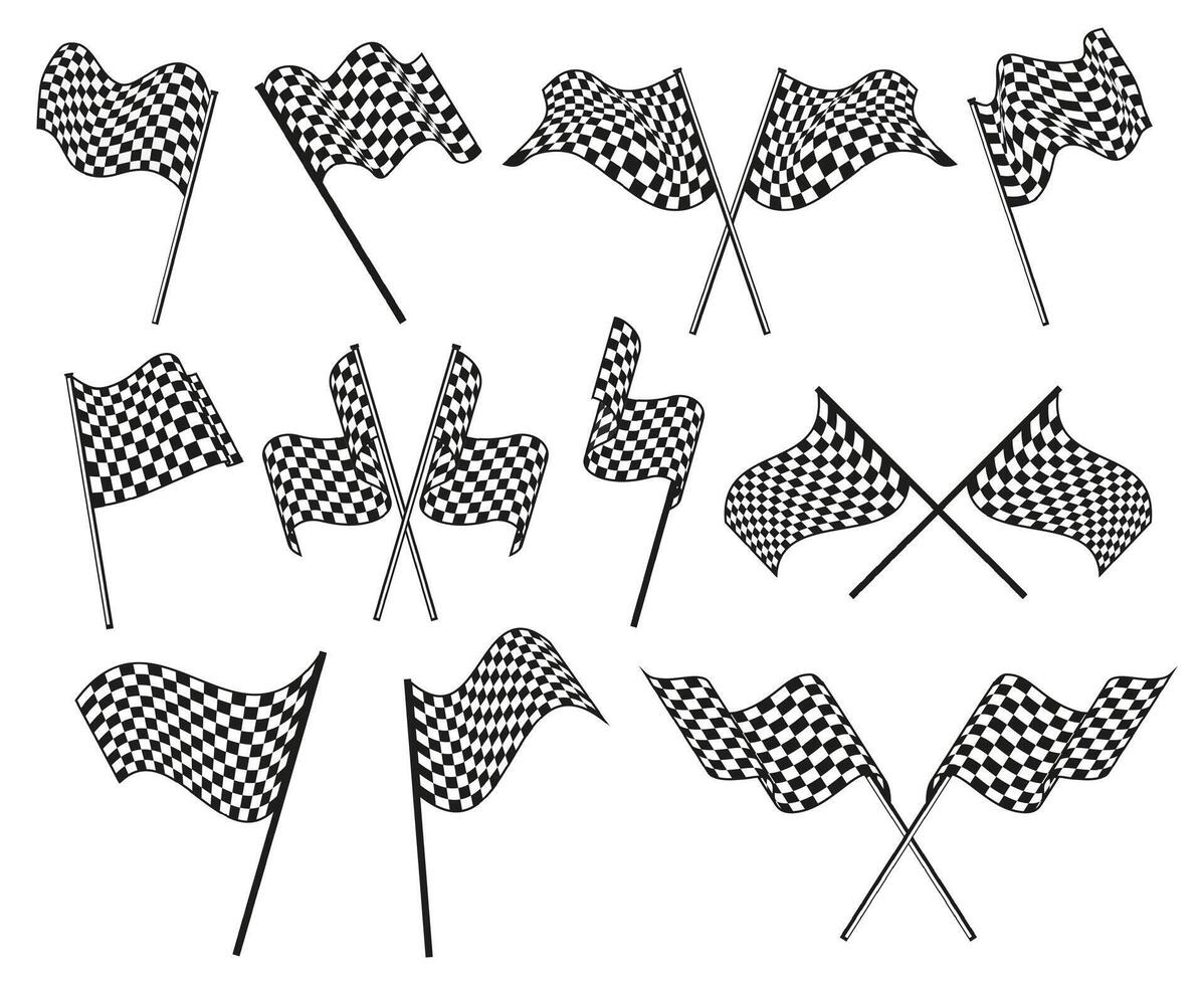 Waving finish flag. Pair of chequered flags, success symbol and racing winner flat illustration set vector