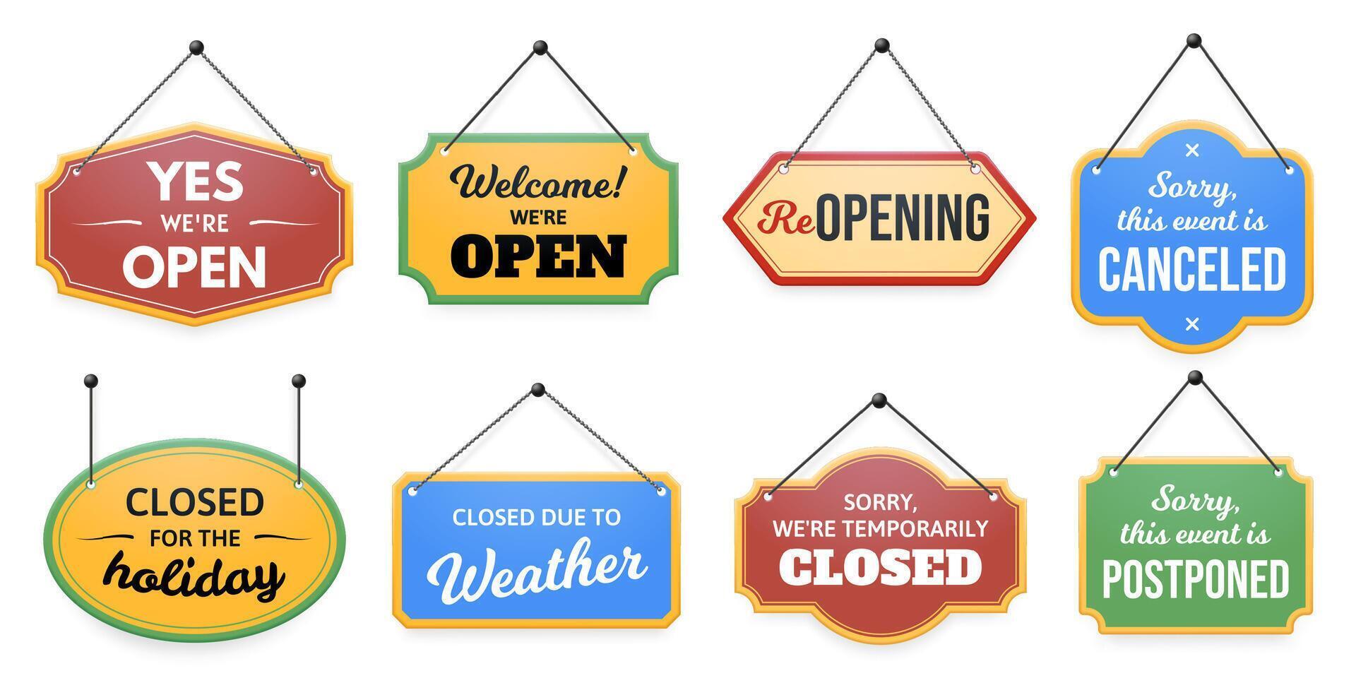 Hanging door sign. Sorry, event is canceled or postponed label, closed for holiday or temporarily, welcome were open and closed due to weather set vector