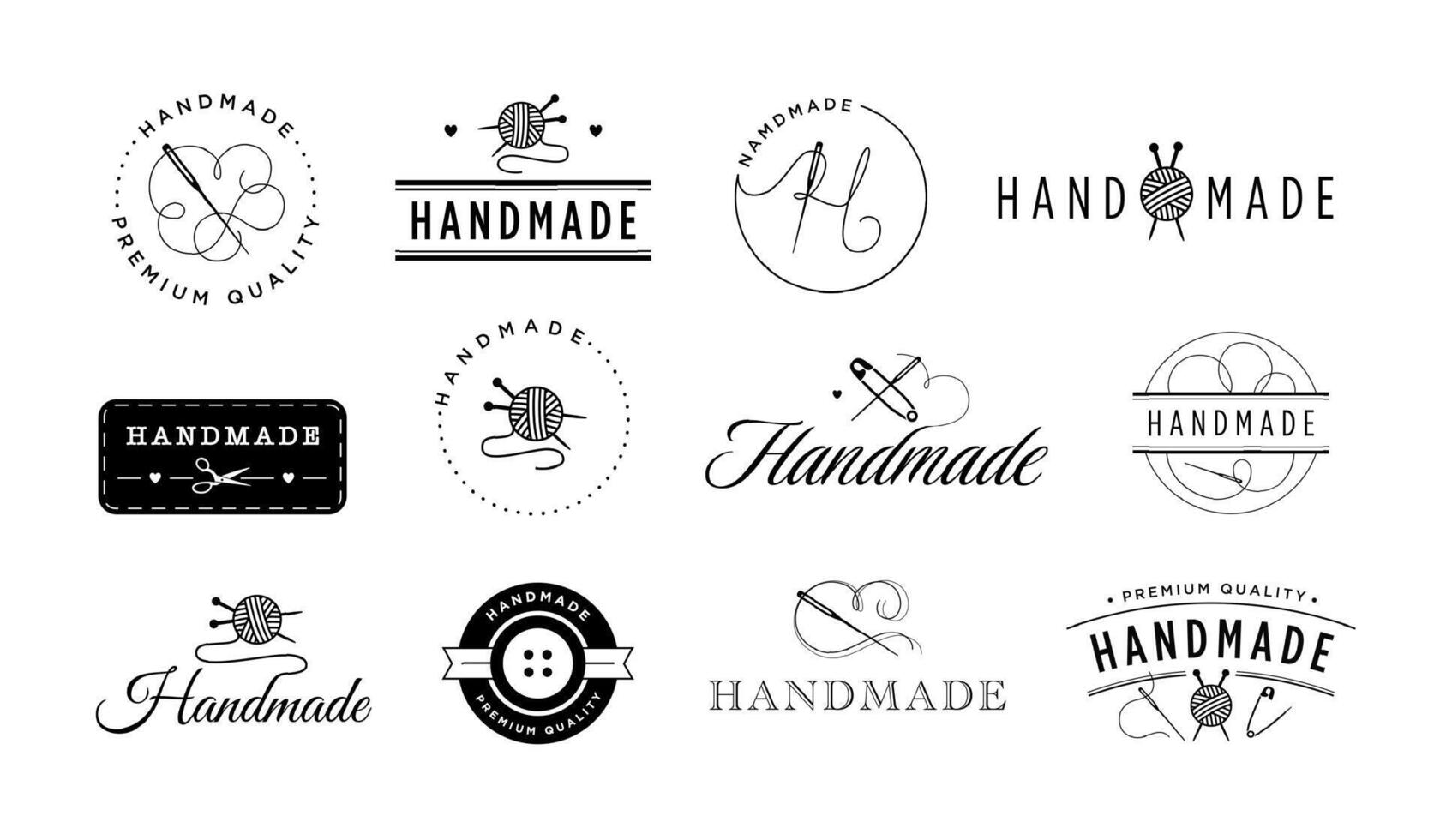 Hand made emblem. Craft knitwear label, knitting and sewing badges with yarn, needle and thread illustration set vector