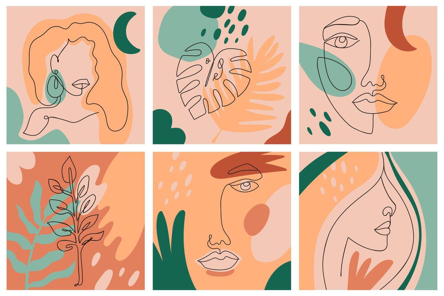 Abstract feminine sketch. Minimalistic design with woman face and plant leaves. One continuous line female portraits vector