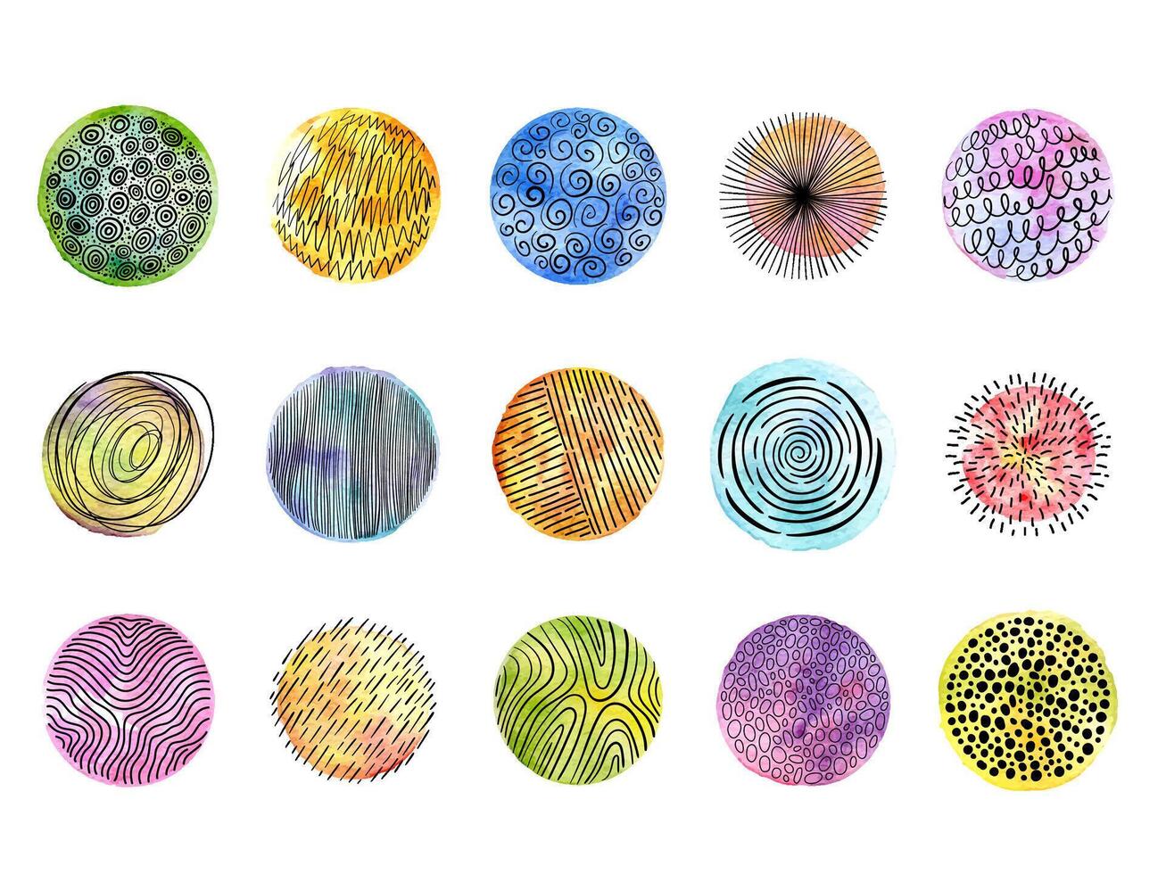 Abstract watercolor circle with doodle texture. Circular hand drawn lines, scribble round shape and decorative graphic background set vector