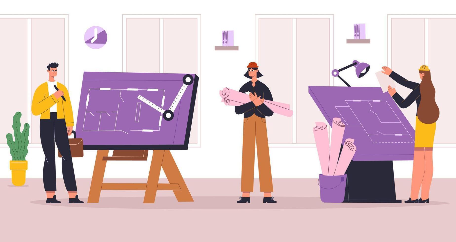 Builders, engineers, architects professional construction workers. People working in team, drawing plan of house vector