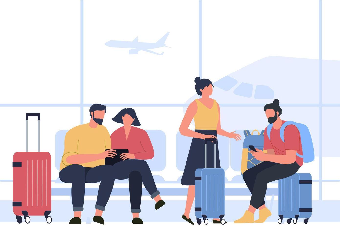 Tourists in airport. Young couples traveling with luggage, people sitting departure lounge and waiting for flight vector