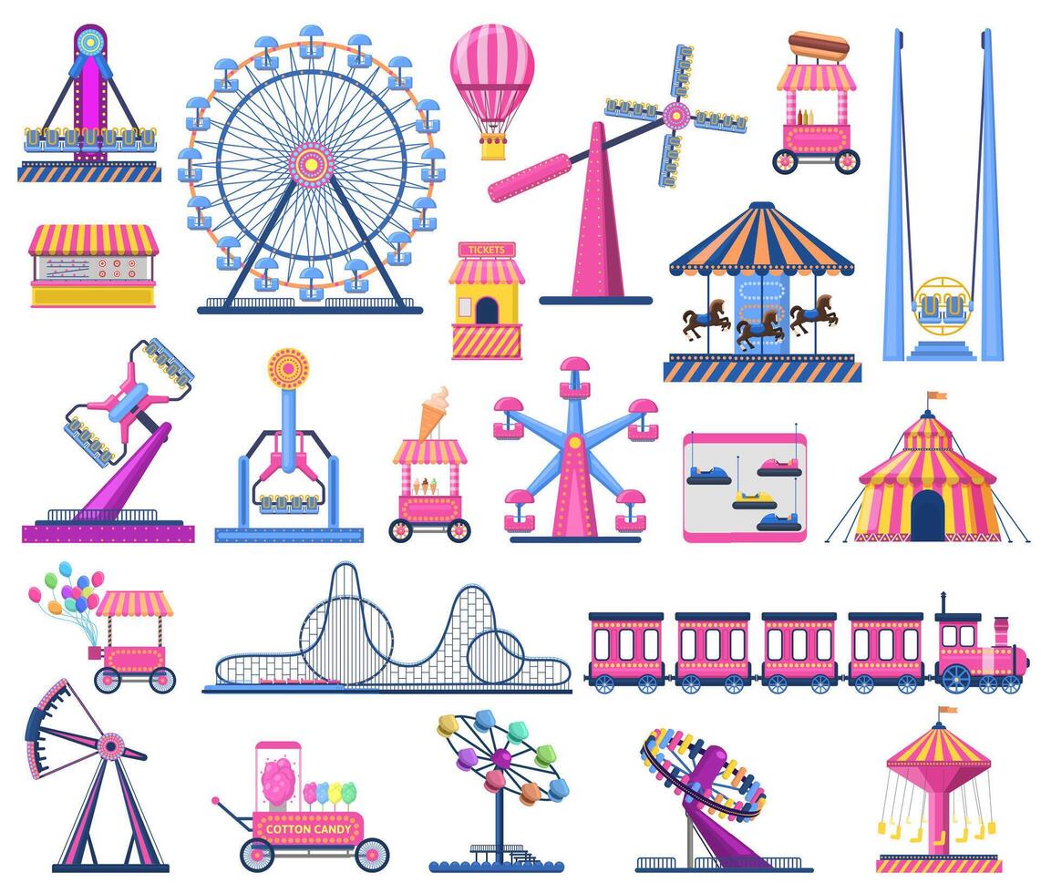 Attractions festive park elements as rollercoaster, circus tent, ferris wheel, and carousels. Shooting range, ice cream vector