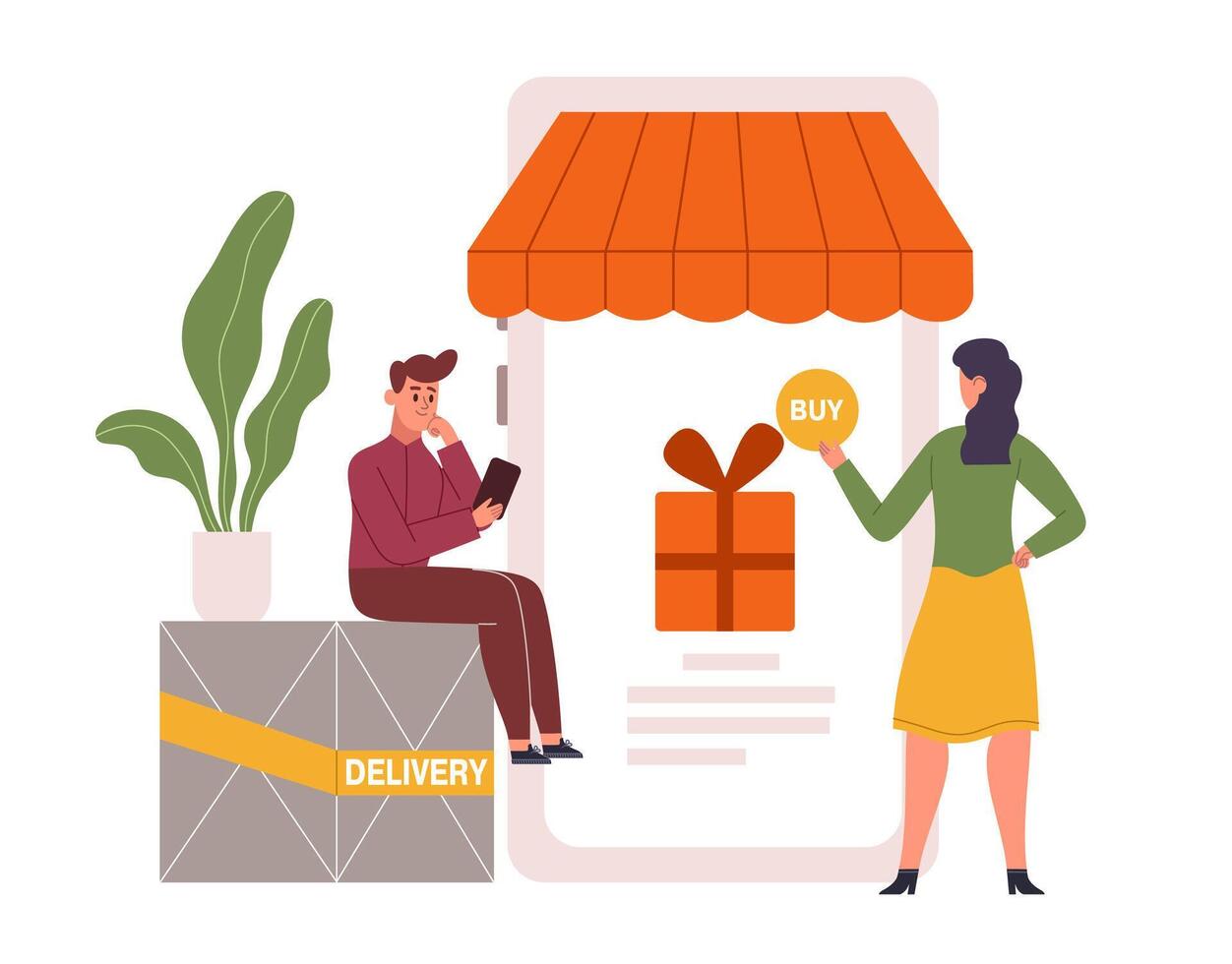 Online store purchasing, mobile payment. Woman ordering gift in internet via smartphone application. Man holding phone vector