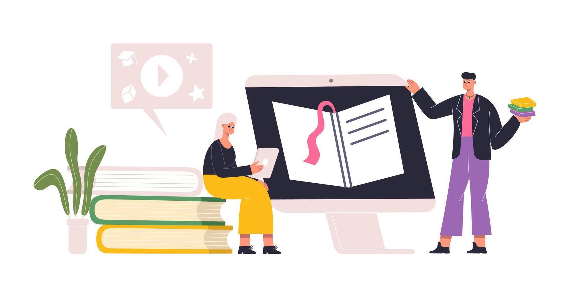 en línea aprendiendo, digital taller tutoriales mujer participación tableta y leyendo libro electronico. chico estudiando remotamente vía computadora vector