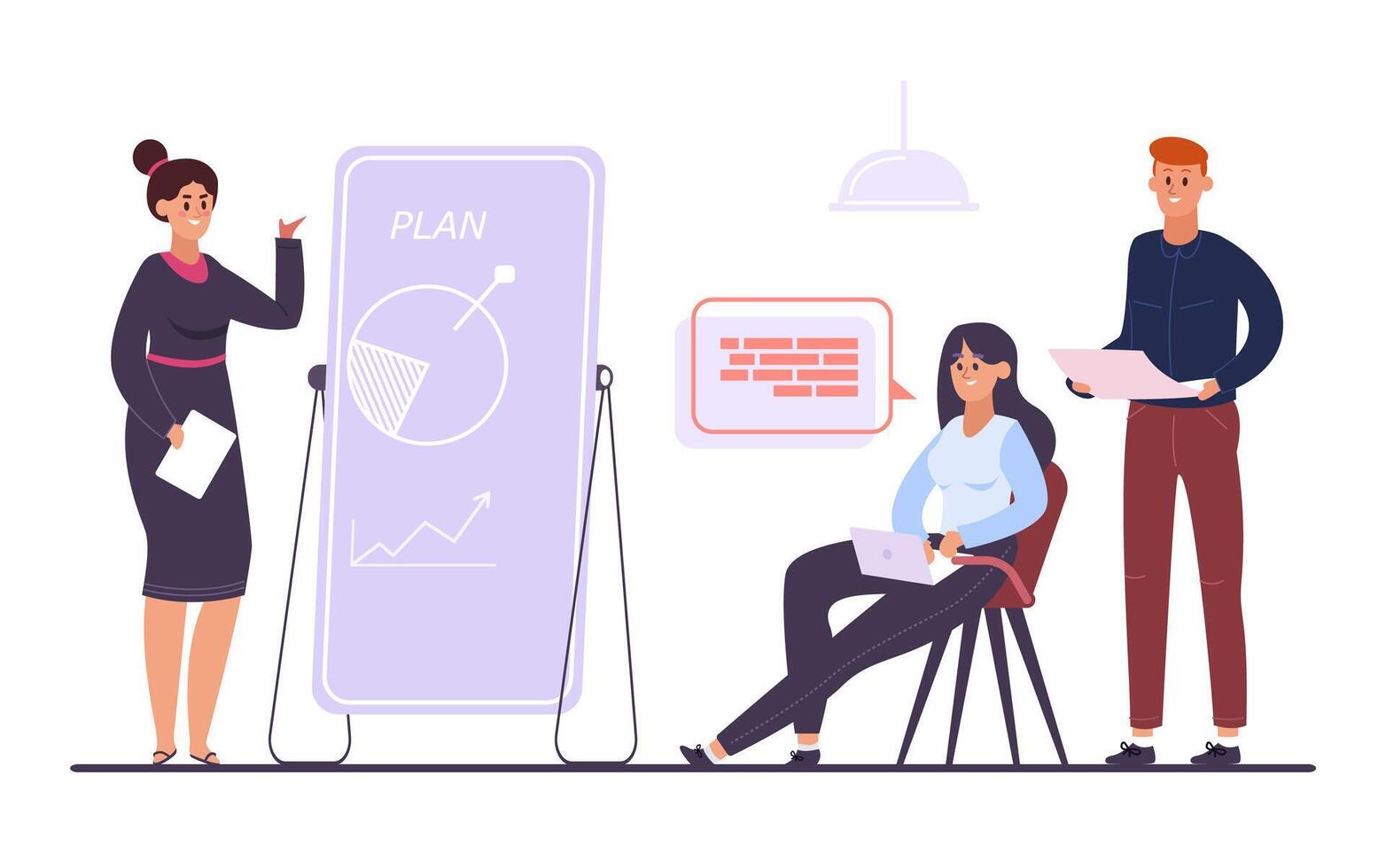 Teamwork business meeting. Female employee having presentation in front of colleagues. Office worker showing plan vector