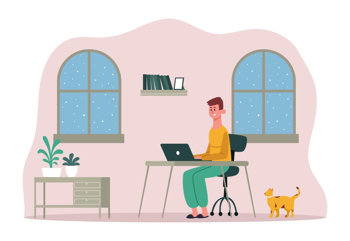 Freelance working person. Workaholic man sitting at desk with laptop. Busy male character working remotely vector